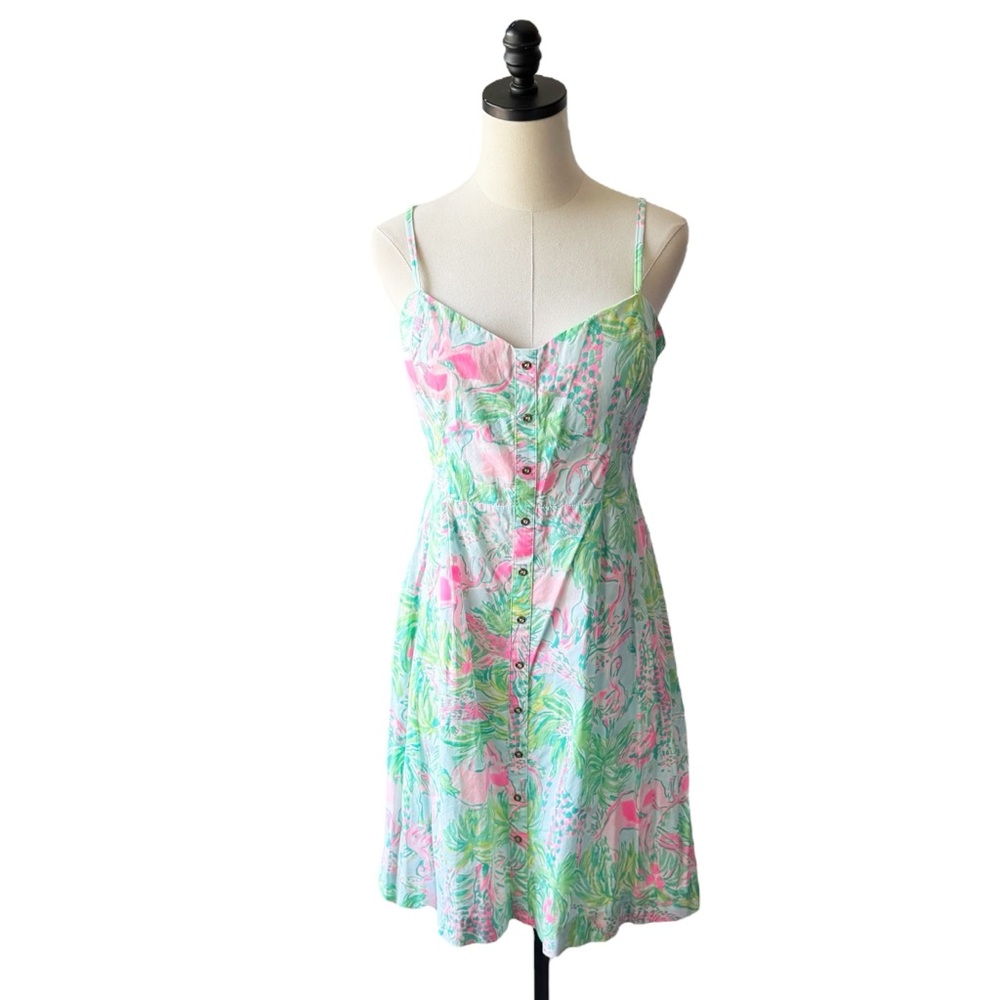 Lilly Pulitzer Pink Green Blue Tropical Button-Front Sundress - Picture 2 of 10